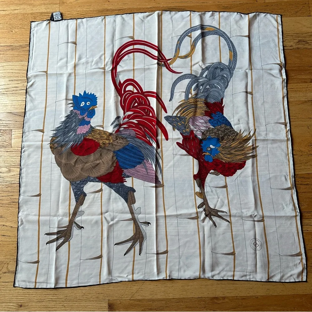 Vintage Fendi silk scarf roosters hand rolled - Picture 1 of 8